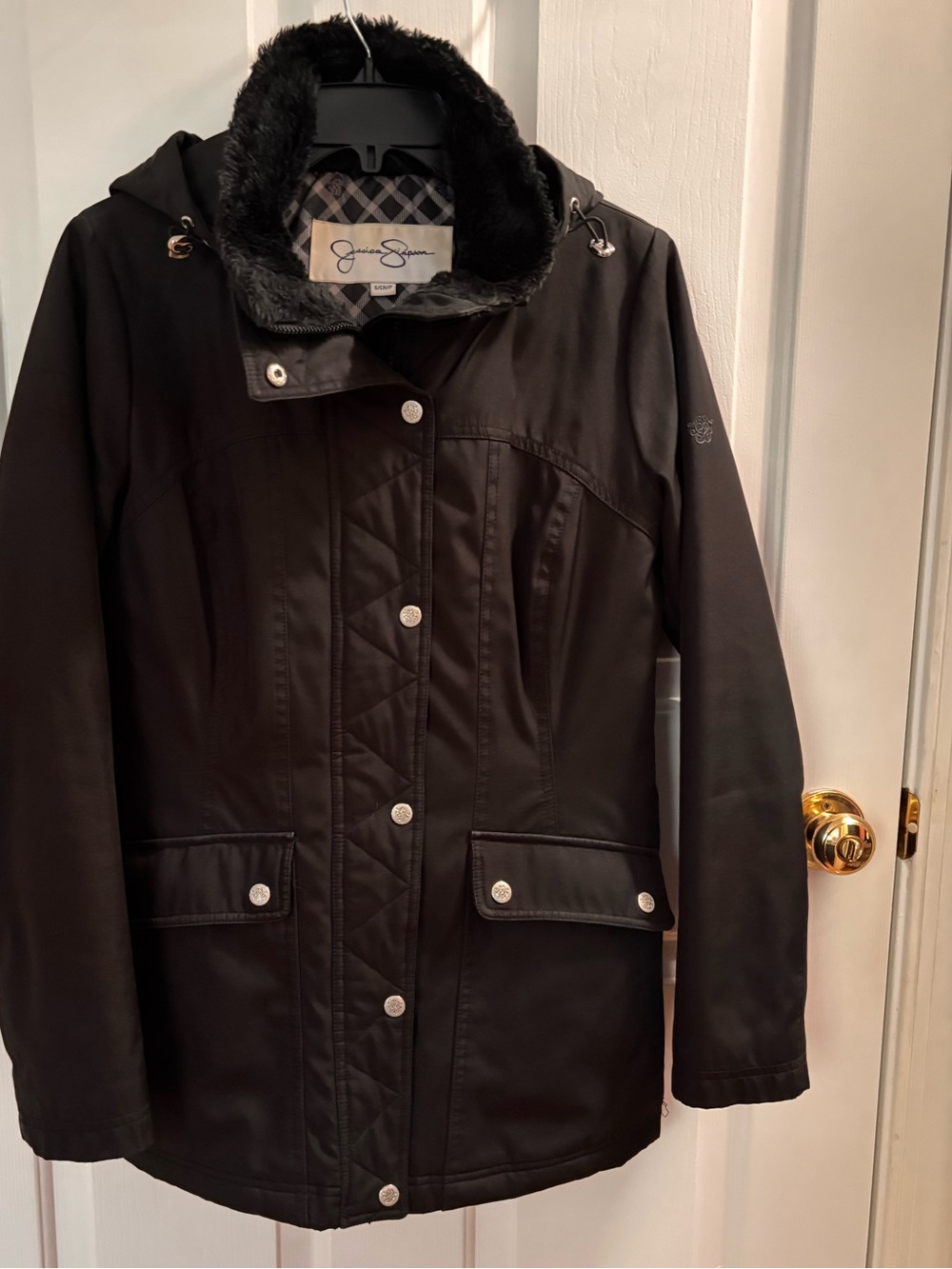 Jessica Simpson Black Faux-Fur Trim Hooded Trench Coat size small